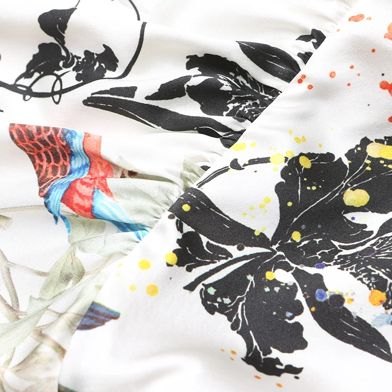 

VOA Satin Silk Plus Size Loose Casual Printed Dress Cute Flower Harajuku High Waist Women Dresses 2021 Spring Clothes A7362