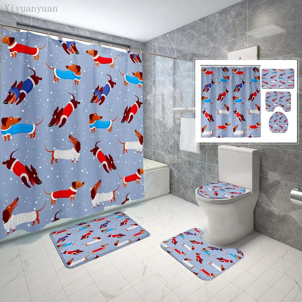 Online Simpatico Cartone Animato Cane Bassotto Stampato Tenda Per Doccia Set Con Tappeto Tappeto Antiscivolo Vasca Da Bagno Toilette Bagno Decor Con Ganci