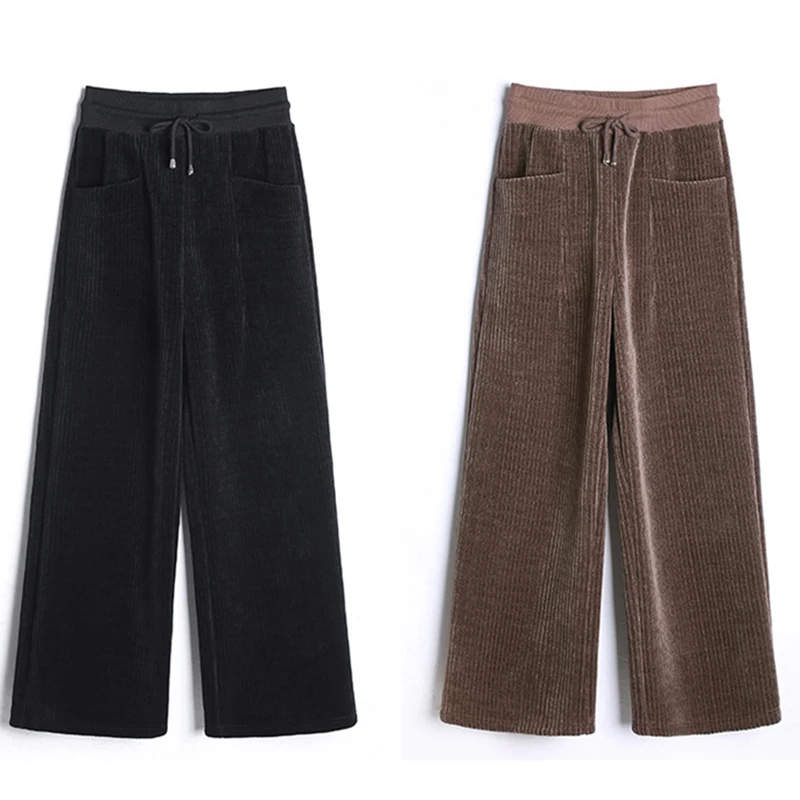 Extra-large Plus Velvet Wide-leg pants Women's Autumn Winter Warm Trousers Loose Thin Corduroy Casual Pants Brown Black 5XL 6XL