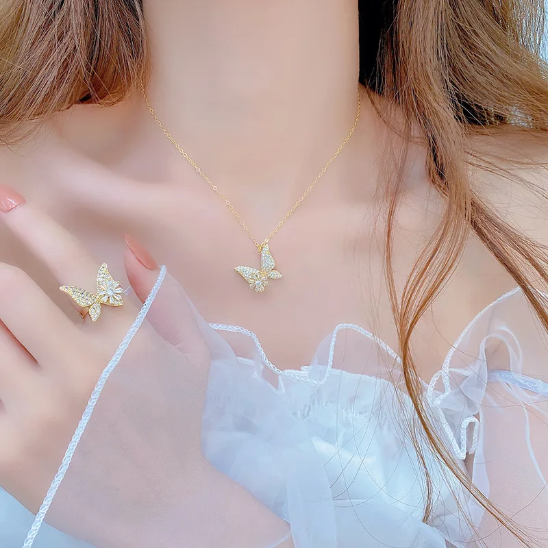 

Комплект из колье и кольца с бабочкой, из 14-каратного настоящего золота, блестящее кольцо с цветком и кулоном, ювелирные украшения