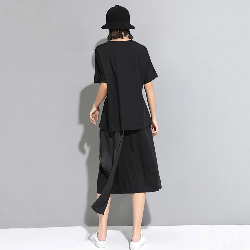 Женская Асимметричная футболка EAM черная плиссированная сложного кроя с круглым