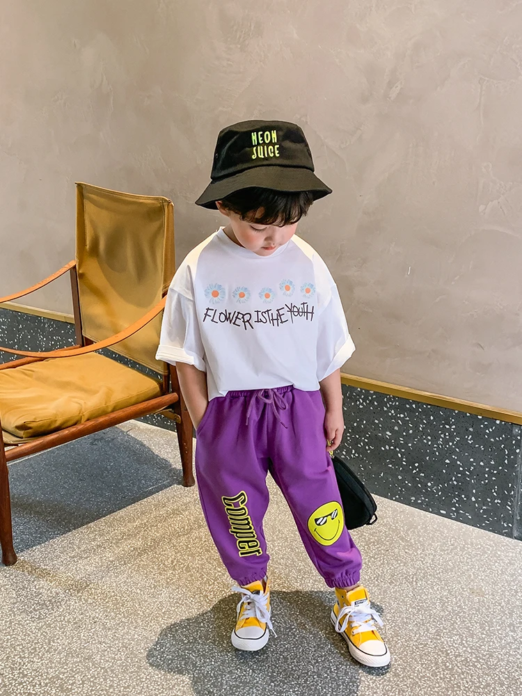 Детские трикотажные брюки со смайликом для мальчиков летние тонкие новинка 2020