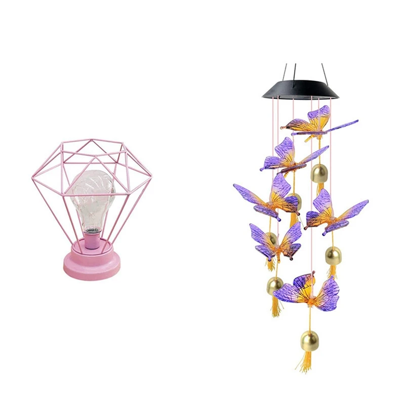 

1 комплект ветряных колокольчиков-бабочек, ветряные колокольчики-бабочки на солнечных батареях и 1 шт. металлический абажур, розовая настол...