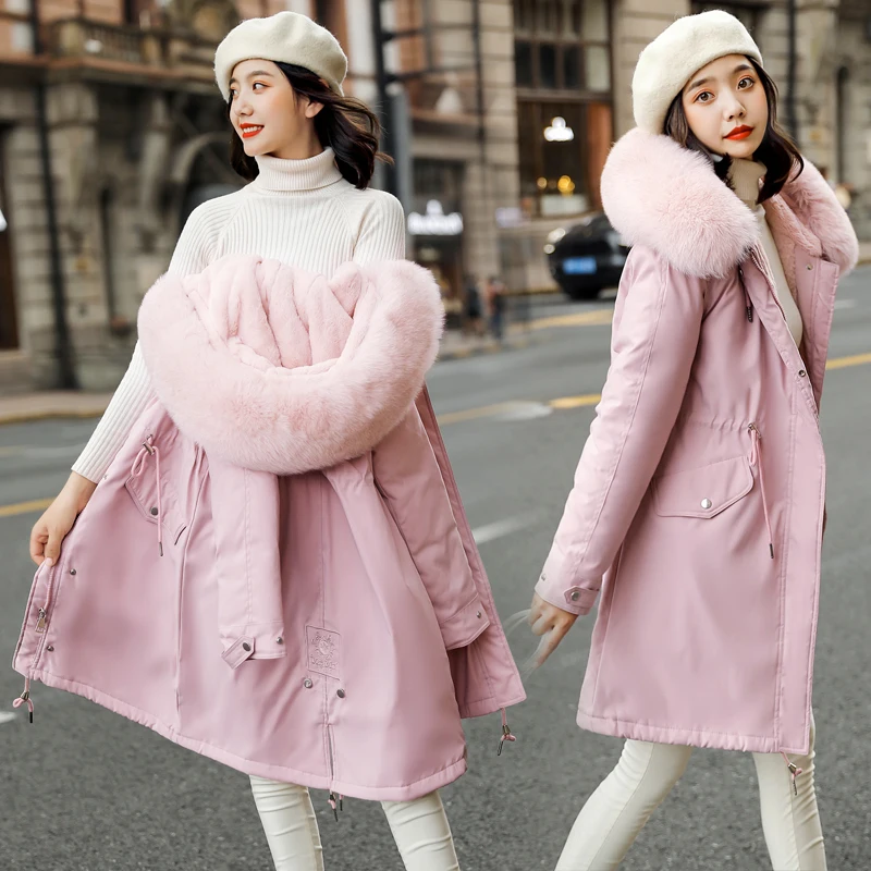 Женская парка хлопковая куртка 2019 однотонное пальто с мехом зимнее длинное