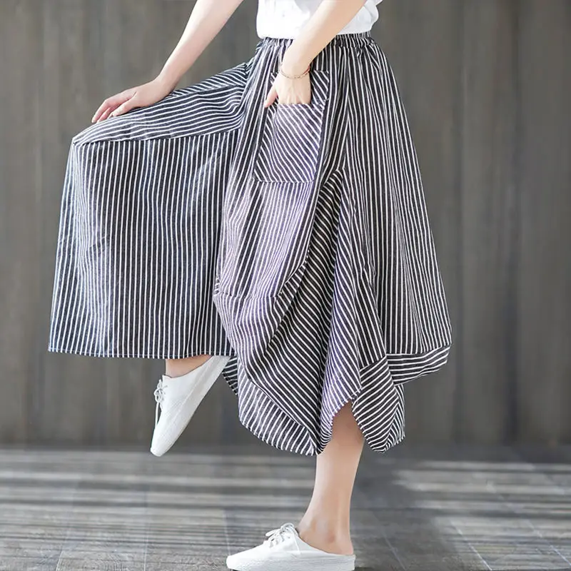 

2021 New Women Summer Vintage Striped Pockets Pants Female Elastic Waist Cotton Linen Pantalon Casual Loose Harem Trousers Q279