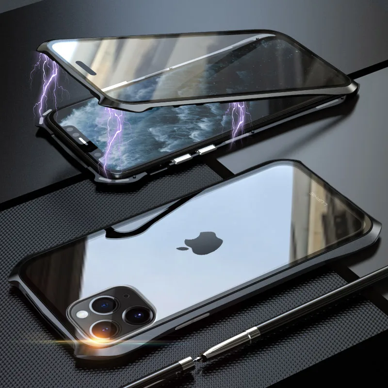 Черный Для iPhone 11 Pro Max 11 чехол, стиль летучая мышь тонкая металлическая рамка, взрывозащищенный чехол из закаленного стекла с магнитной адсорбцией - Цвет: Черный