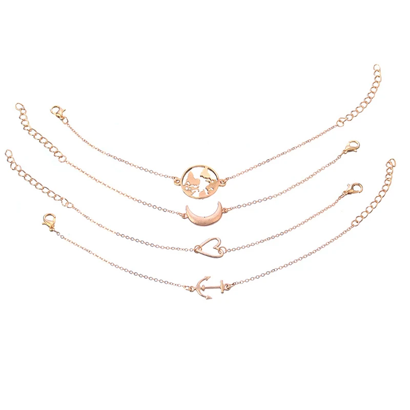 4 шт./компл. винтажный женский браслет карта мира полумесяц якорь полые любовь