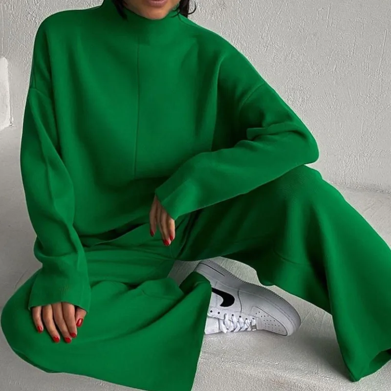 

Two Piece Set Women's Green Knitted Suit 2022 Winter Loose Long Sleeve Mock-neck Knitwear Flare Pant Sets Female Casual Suits