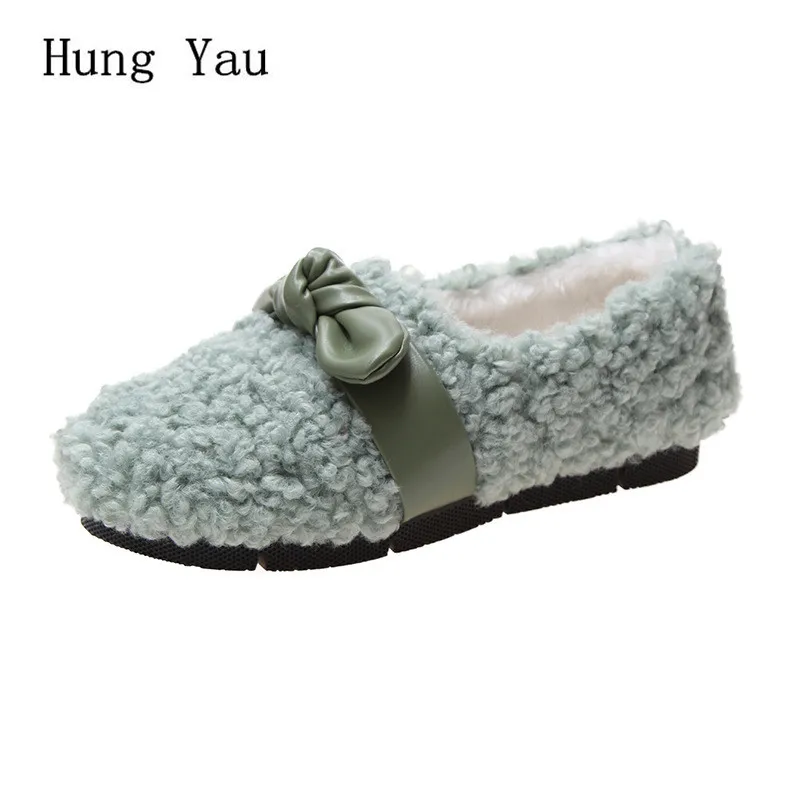 

Winter Women Shoes Flat Loafers Fur Ladies Casual Slip On Fashion Female Short Plush Warm Round Toe Platform Bow-knot