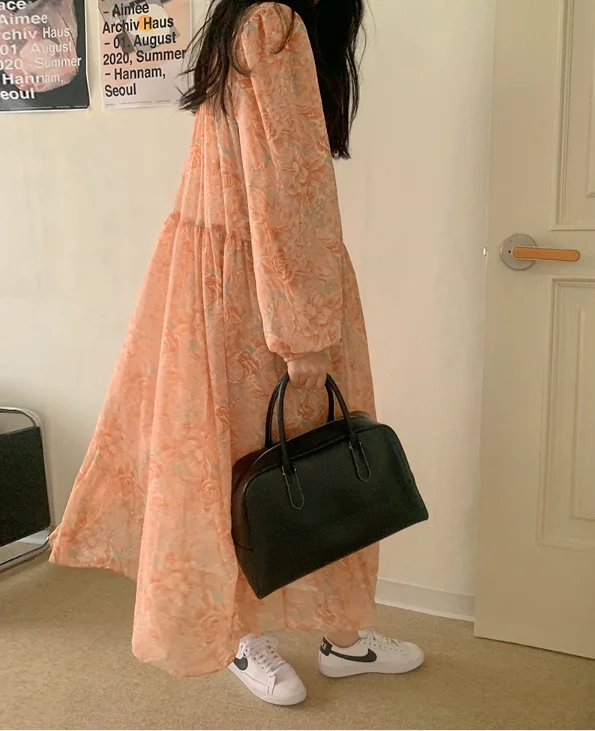 

Vigorous Girl Korean Ins Gentle Sweet Western Style Youthful-Looking Rose Floral Elegant Goddess Dress