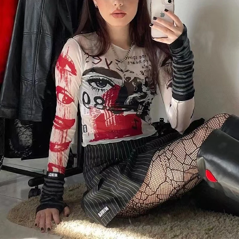 Punk Y2K Crop Tops Gothic Street Tee shirt For Women's Casual Basic Tees Female 2021 Summer Long Sleeve Top E-girl Gothic