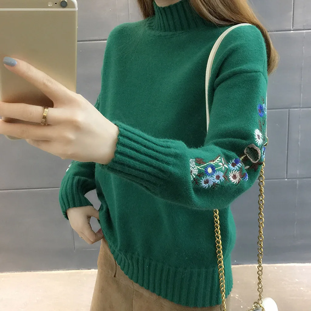 New Loose Thick Warm Winter Pullover Sweater Women Embroidery Jumper Half Turtleneck Long Sleeve Knit Yellow Sweater Female
