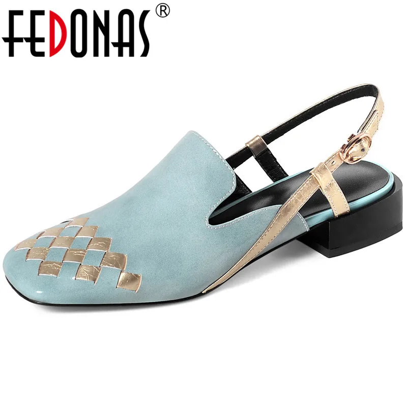 Женские босоножки с квадратным носком FEDONAS черные из натуральной кожи на высоких