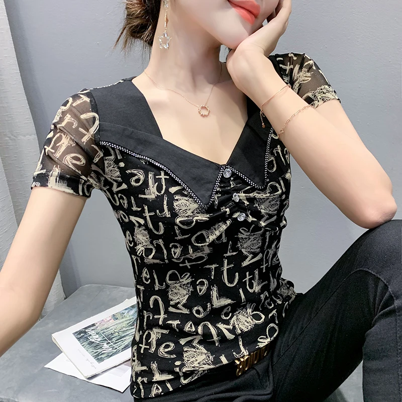 

New 2021 Summer Short-Sleeve Women's T-Shirt Fashion Casual V-Neck Print Mesh Tops And Shirt Plus Size Women Clothing