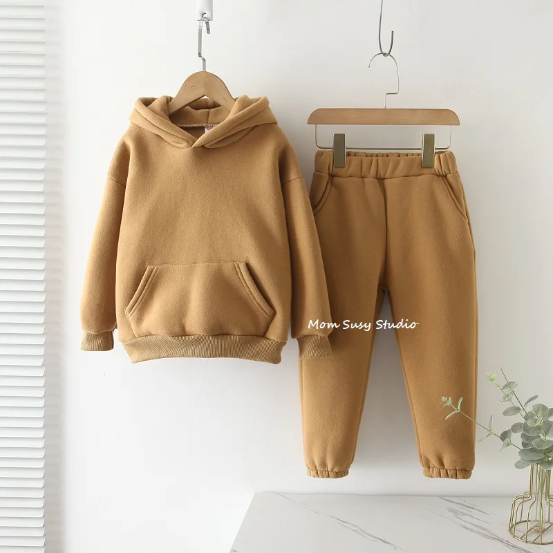

Baby Girl Boy Cotton 2PCS Warm Fleece Lining Clothes Set Hoodie+Jogging Child Sport Set Loungewear Winter Spring Autumn