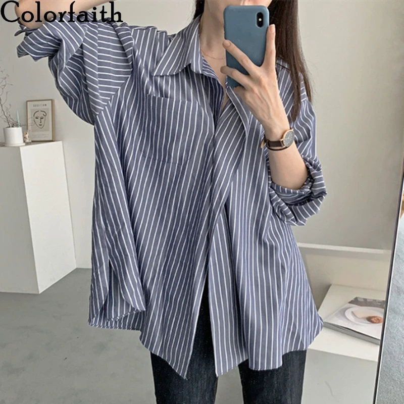 

Colorfaith New 2021 Women Autumn Winter Blouses Shirts Vintage Oversize Korean Style Irregular Striped Wild Lady Tops BL1818