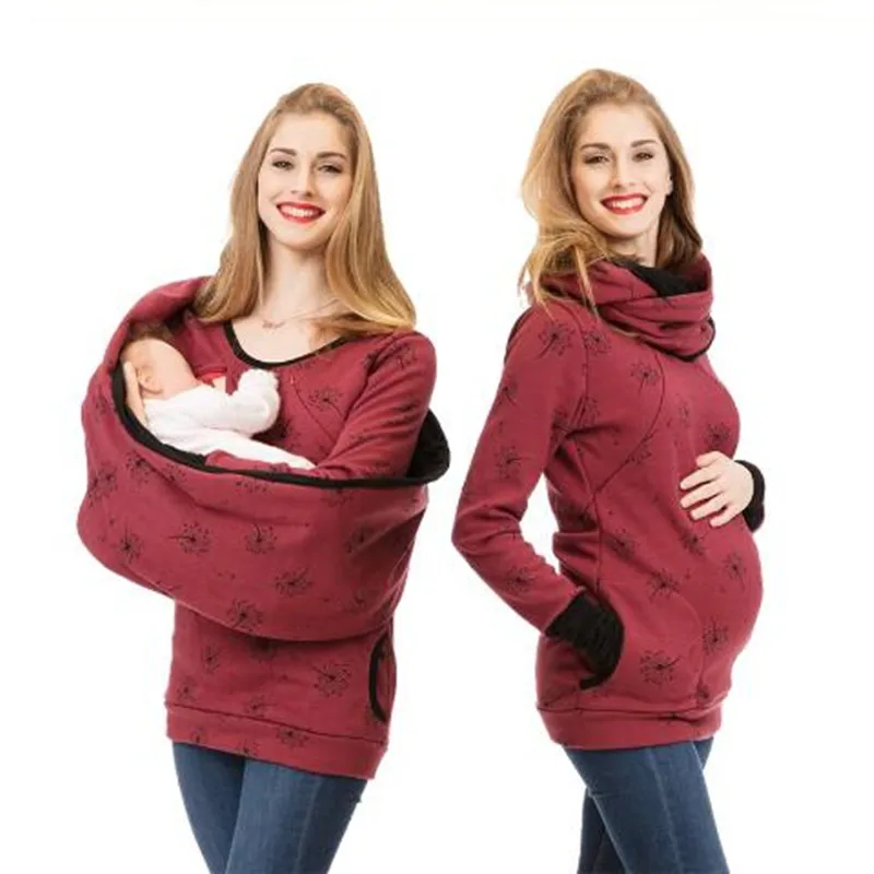 Maternity Clothes Women Pregnancy Hooded T-Shirt Winter Plus Velvet Thicken Breastfeeding Nursing Pregnant Red Grey Tee Autumn
