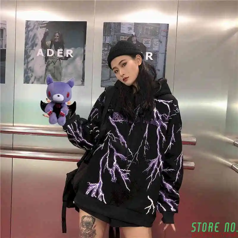 

Winter Women'S Korean Ins Harajuku Streetwear Dark Lightning Print Hooded Sweatshirt Fashion Loose Women'S Sweatshirt