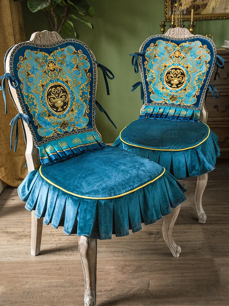 

Europe Non-Slip Chair Cushions Outdoor Indoor Chair Seat Cushions With Ties Dining Chair Pads Soft Velvet Design Blue