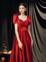 new vintage red evening dress princess corset satin a line long festival formal prom gowns short sleeve christmas cocktail dress