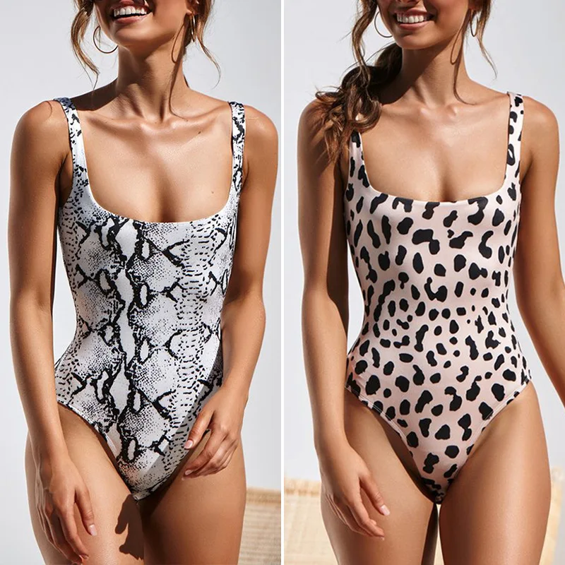 

Sexy One Piece Suits Women Swimsuit 2021 Snake Leopard Print Female Push Up Swimwear High Cut Monokini Bathing Suits Square Neck