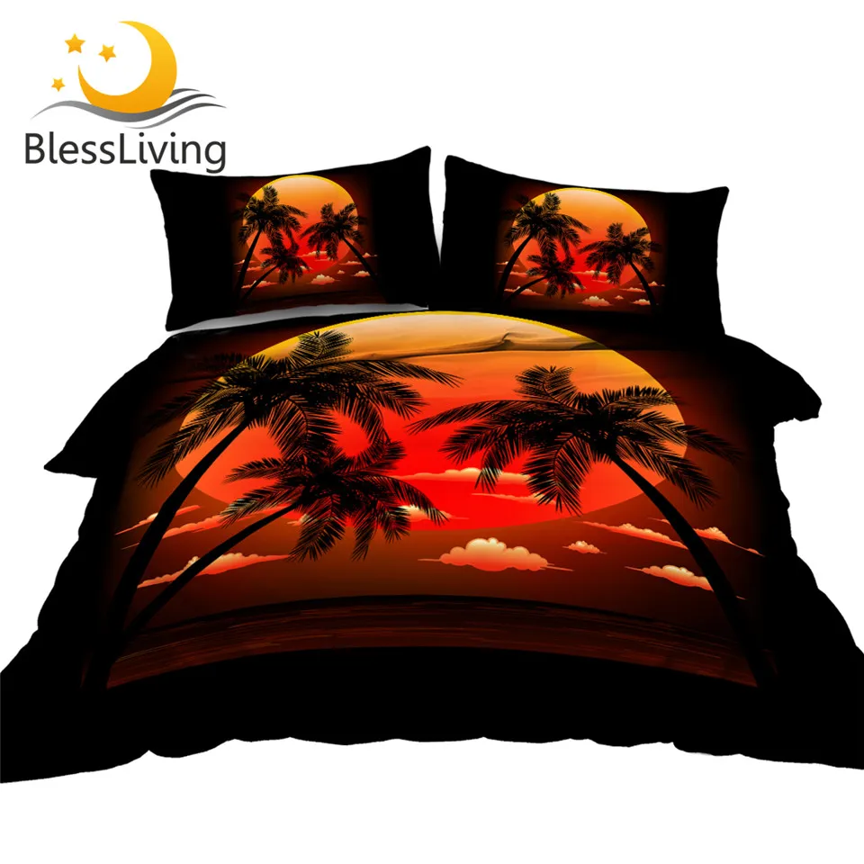 

BlessLiving Peaceful Sunset Bedding Set Topical Bed Cover Palm Tree Bamboo Quilt Cover Pillowcase Coconut Tree Bedlinen 3-Piece