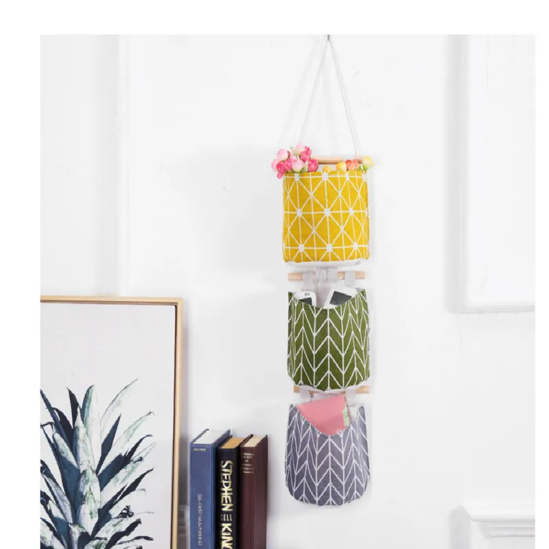 Настенная подвесная сумка для хранения из хлопка и льна с 3 карманами карман на