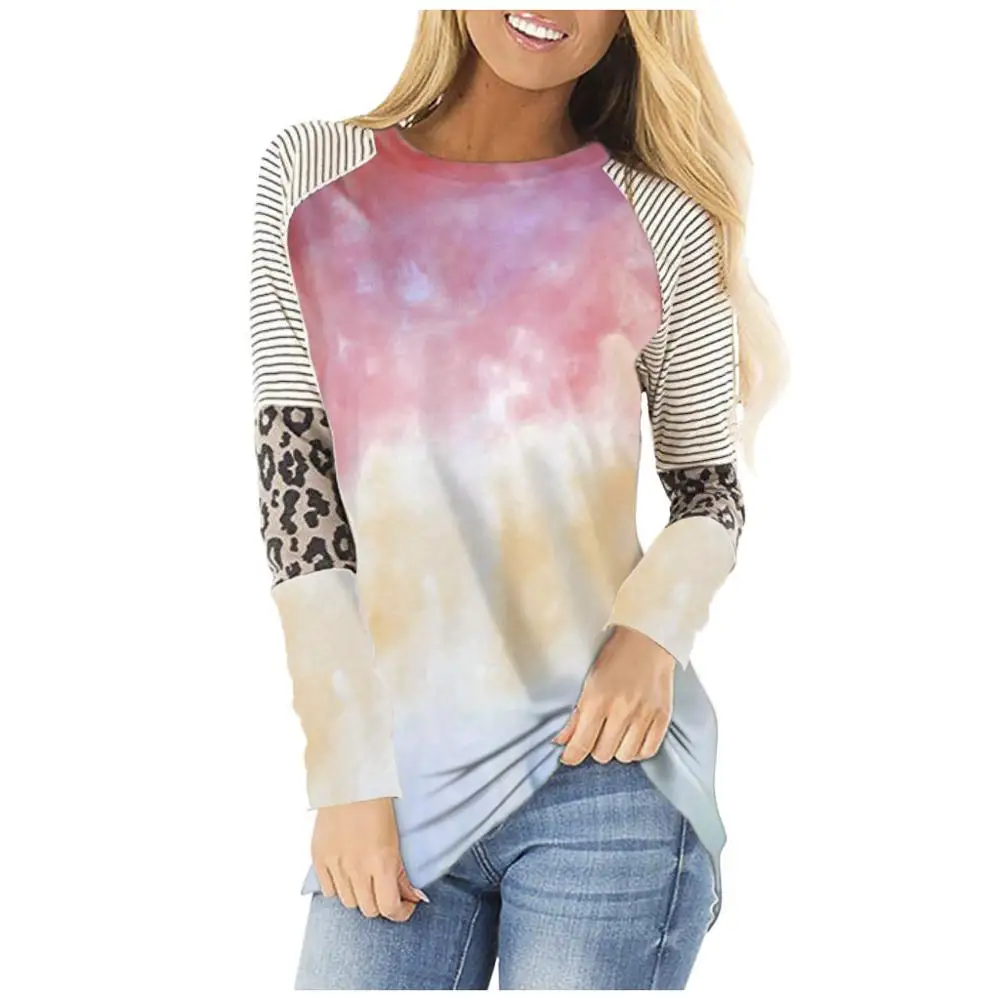 

2020 new plus size autumn European and American hot style leopard print tie-dye long-sleeved T-shirt