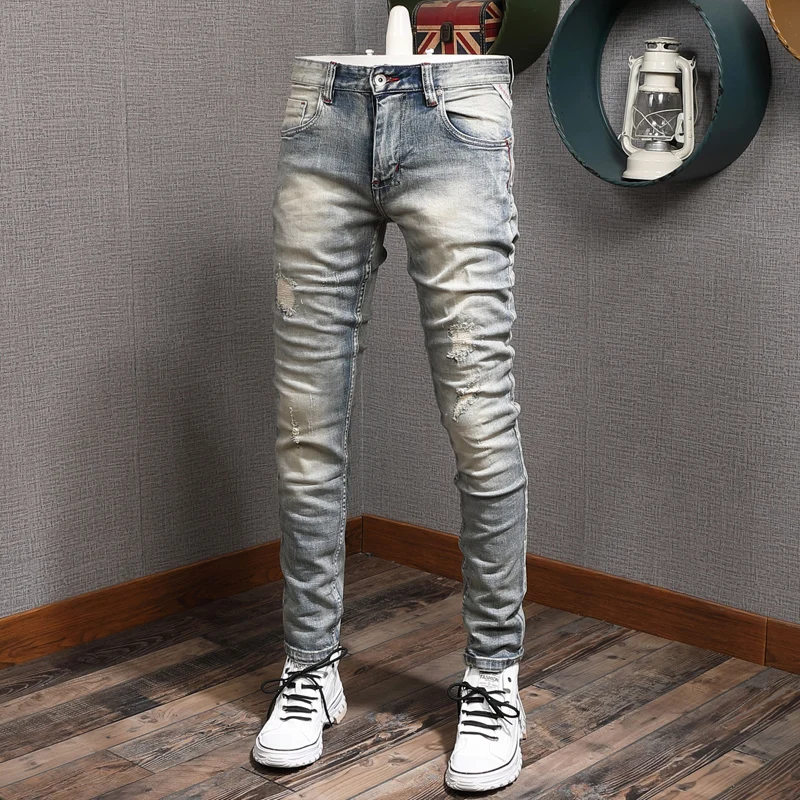 New Men's Vintage Blue Ripped Stretch Jeans Men Casual Slim Fit Pencil Pants Streetwear Distressed Jean