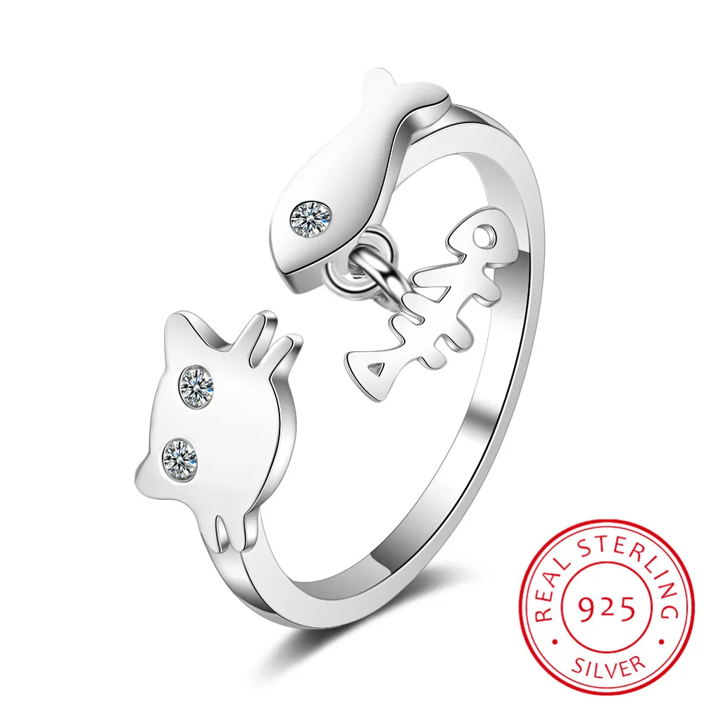 

New Fashion Fish Bone Pendant AAA Zirconia Little Cat Ring 925 Sterling Silver Resizable Rhinestone Drop Ring Women Jewelry Gift