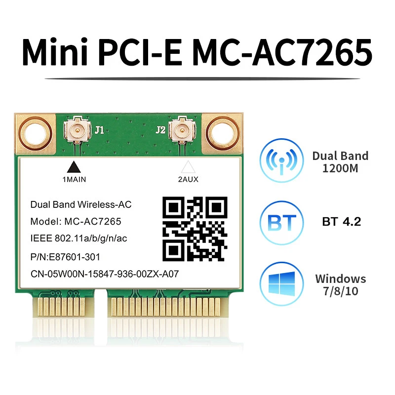 

Wireless Dual Band 1200Mbps MC-AC7265 Mini PCI-E Wifi Bluetooth 4.2 Card 2.4G 5Ghz 802.11ac Adapter For Laptop Better 7260HMW
