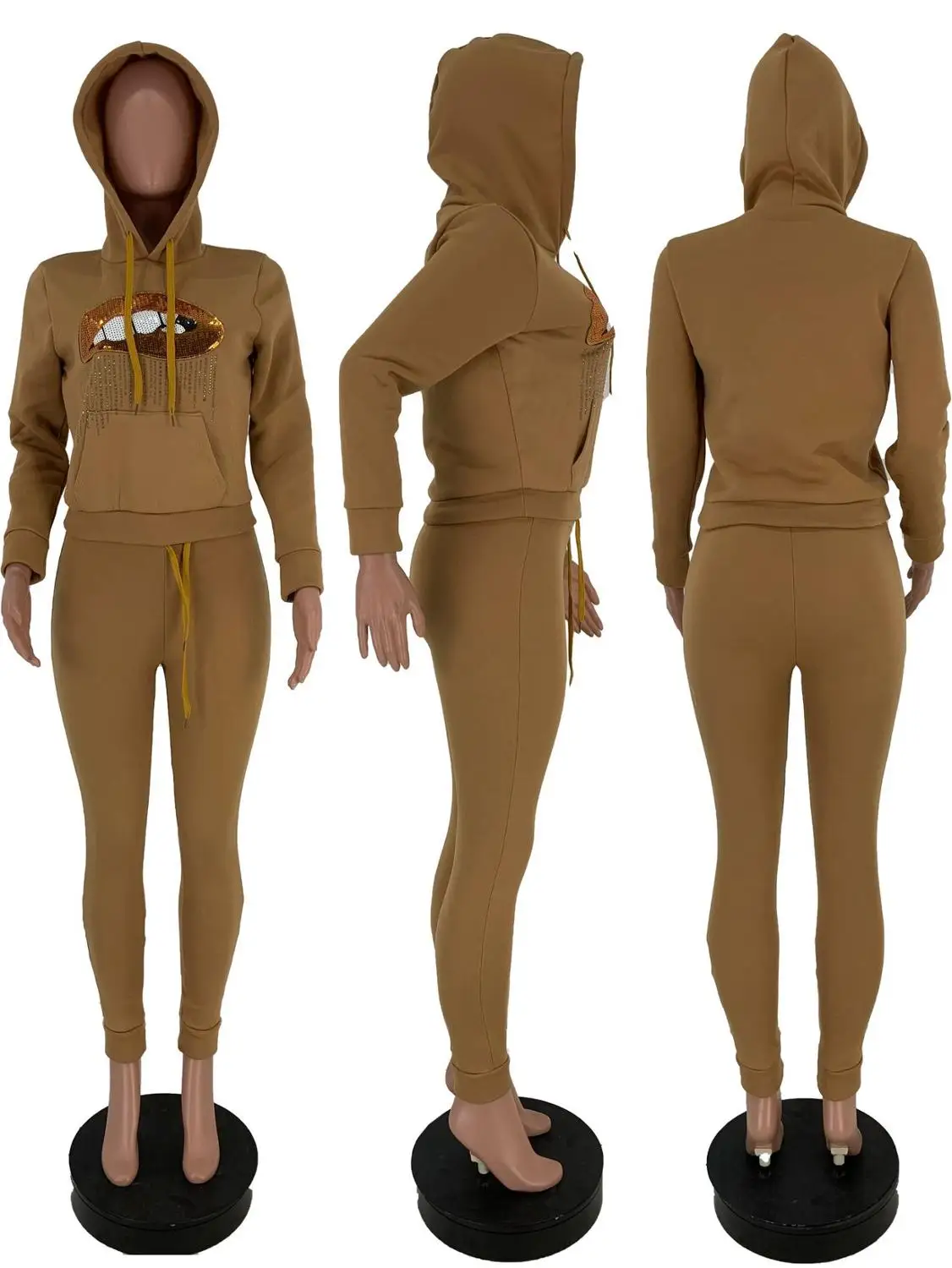 Женский флисовый спортивный костюм с принтом губ стразы толстовка капюшоном и