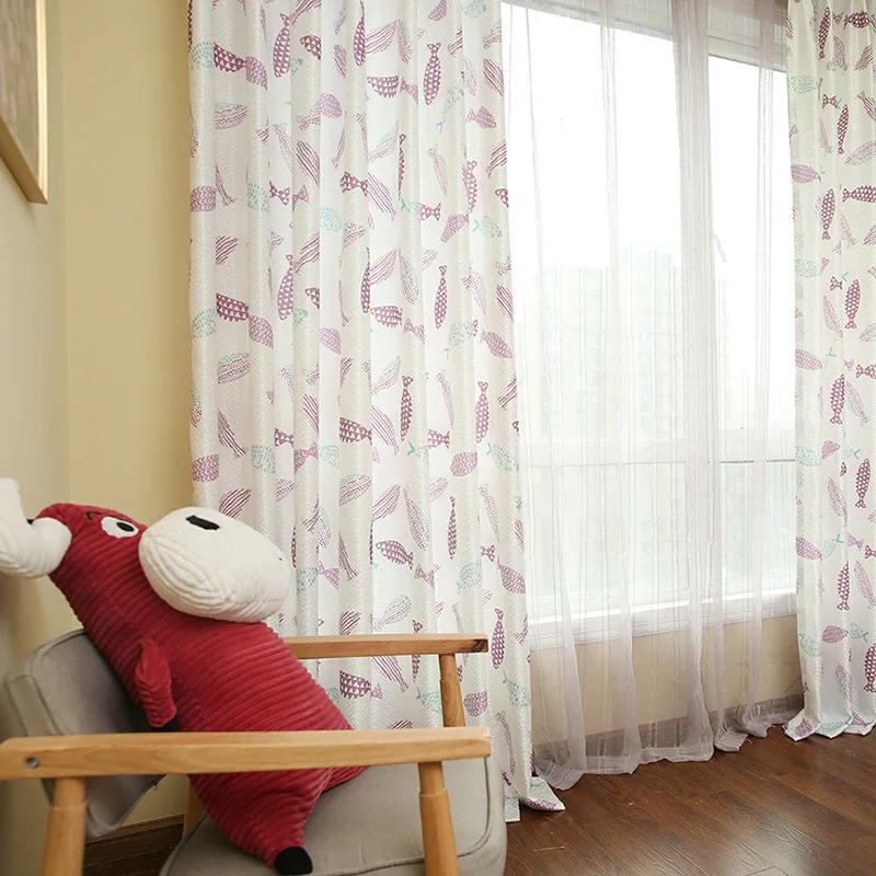 

Ocean simple and fresh cartoon wind jacquard printed curtain fish shading cloth curtains for living room bedroom children's room