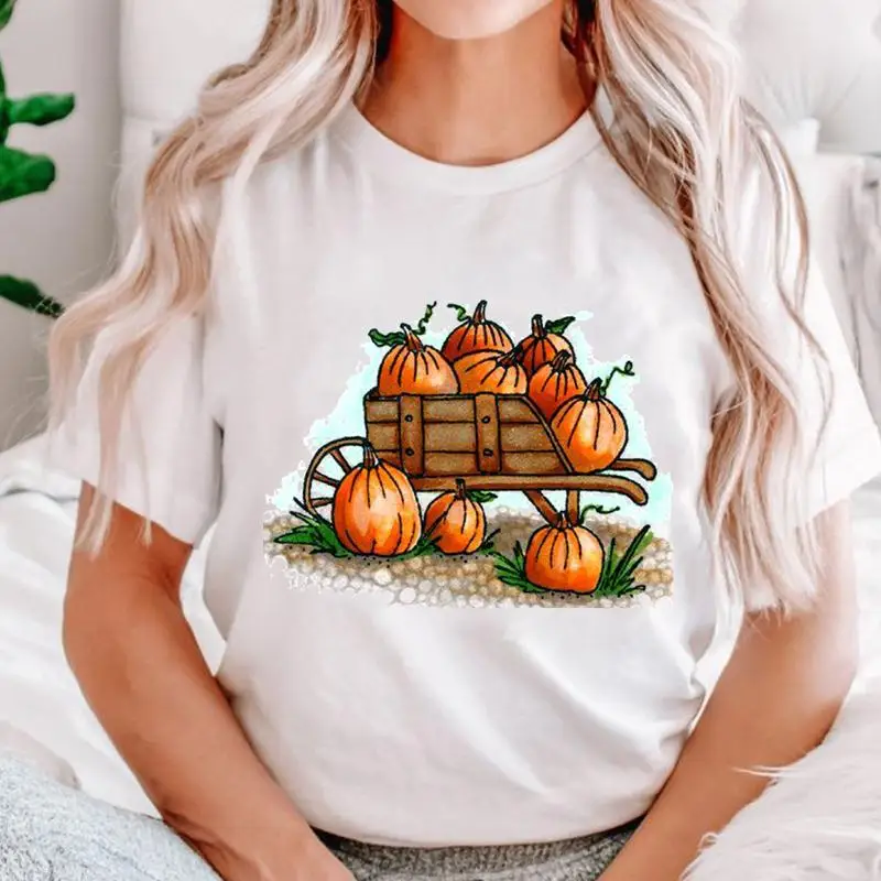 

Women Fall Autumn Pumpkin New Trend Thanksgiving Halloween Cartoon Shirt Tee T Top Print Female Clothing Graphic T-Shirts