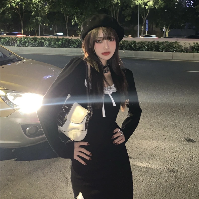 

Dress Women's French Retro Black Long Sleeve Base Short Skirt 2021 Spring and Autumn New Split Hip Skirt
