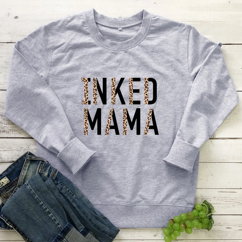 

Leopard Inked Mama 100% Cotton Sweatshirt Vintage Mother's Day Gift Sweatshirts Cute Tattoed Mom Pullovers