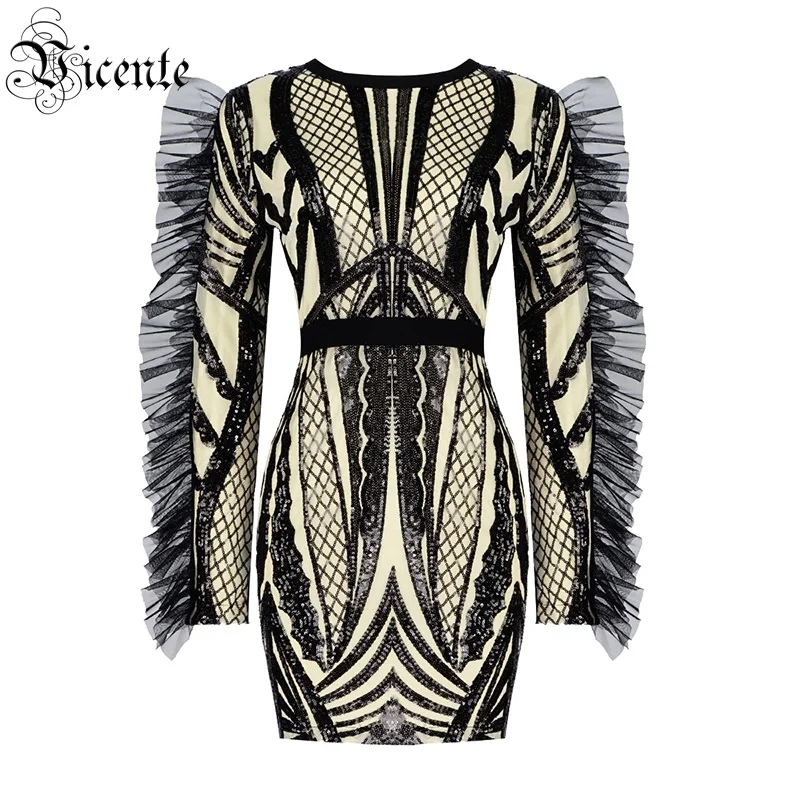 VC все бесплатная доставка Мода сетки с оборками длинными рукавами Украшенные