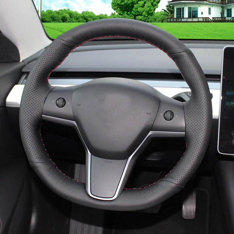 

Car hand sewing leather steering wheel cover for Tesla Model 3 handle cover