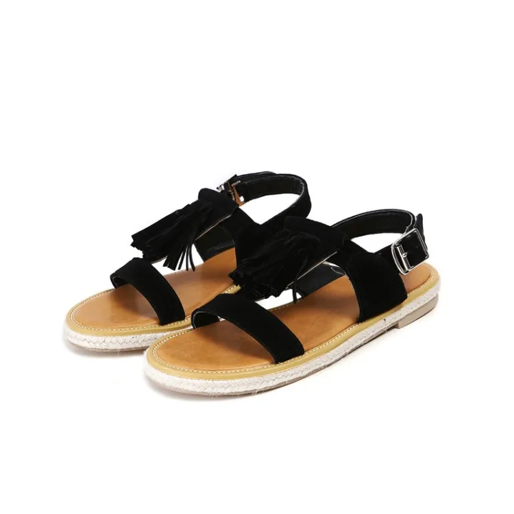 Сандалии женские на плоской подошве замшевые босоножки с пряжкой T-типа бахромой