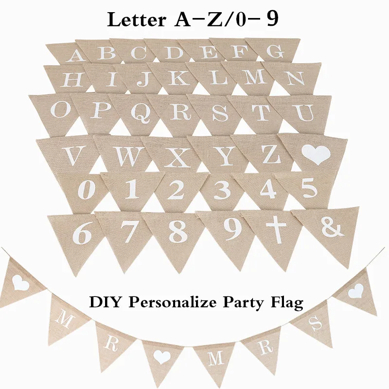 

Personalize Party Flag Letter A-Z Diy Jute Burlap Bunting Banner Flags Bar Wedding Decoration Baby Shower Favor craft supplies