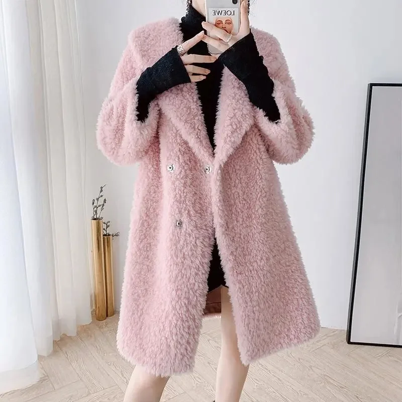 2021 New Ladies Faux Fur Winter Jacket Haining's Thickened Sheep Shearing fur Coat Women's Granular Velvet Lamb Hair Parka Pink