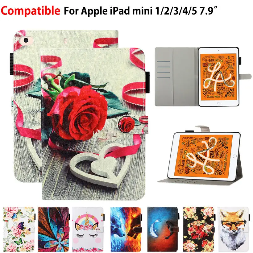 

Для Apple iPad Mini 5 2019, чехол Mini 1 2 3 4 5 7,9 дюйма, умный чехол, чехол для планшета, милый окрашенный силиконовый чехол из искусственной кожи с подстав...