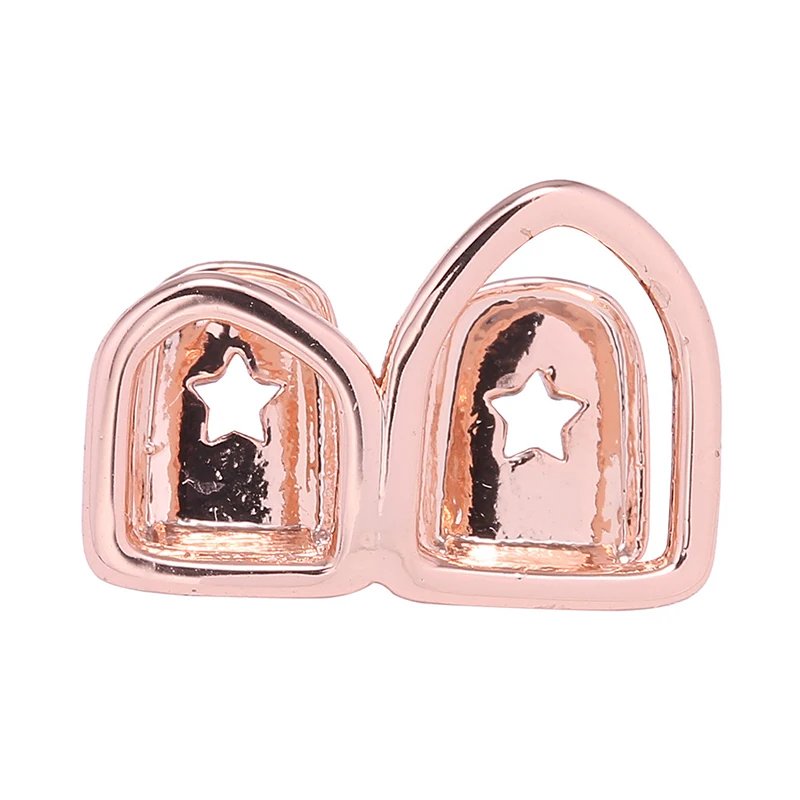 

Hip Hop Hollow Open Double Tooth Grillz Rose Gold Silver Color Plated Top Two Right Canine Teeth Grills Caps Cosplay Jewelry
