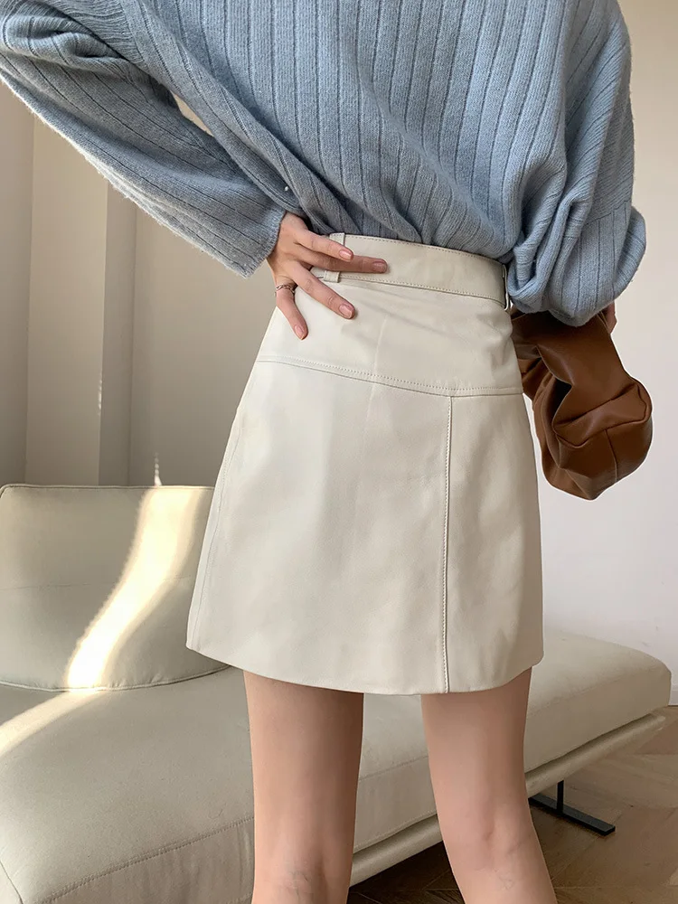 Новинка Весна 2021 черно-белая юбка А-силуэта из овечьей кожи с косыми карманами