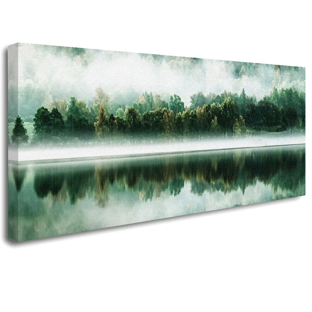 

Lake Surface White Mist Forest Reflection Landscape Oil Painting HD Print On Canvas For Living Room Bedroom Wall Art Deco Poster