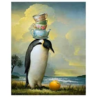 5D сделай сам, полностью круглая алмазная живопись, Пингвин и чайный сервиз и оранжевая вышивка крестиком, 3D вышивка стразы, мозаика, домашний декор, искусство Y1646