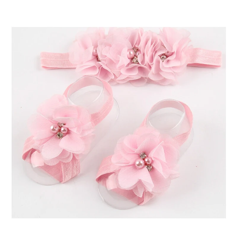 

3Pcs 1Set Summer Baby Girls Shoes Headband Newborn Cotton Infant Girl Flower Barefoot First Walkers Princess Shoe Photo Props