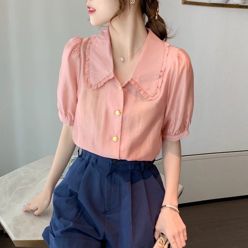 

COIGARSAM Loose blouse women New Summer Chiffon Peter pan Collar Puff Sleeve blusas womens tops and blouses Blue Pink 1063