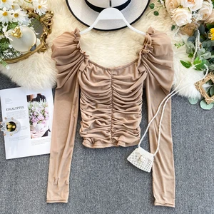 Женские топы в стиле ретро с квадратным вырезом, плиссированные облегающие однотонные Короткие топы с длинным рукавом, K422