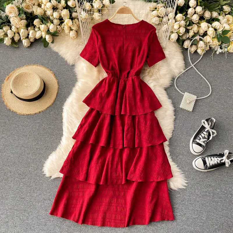

Long Dress Female Party Maxi Dress Robe Casual Summer Women Dress O-Neck Short Sleeve Elastic Waist Cascading Ruffles